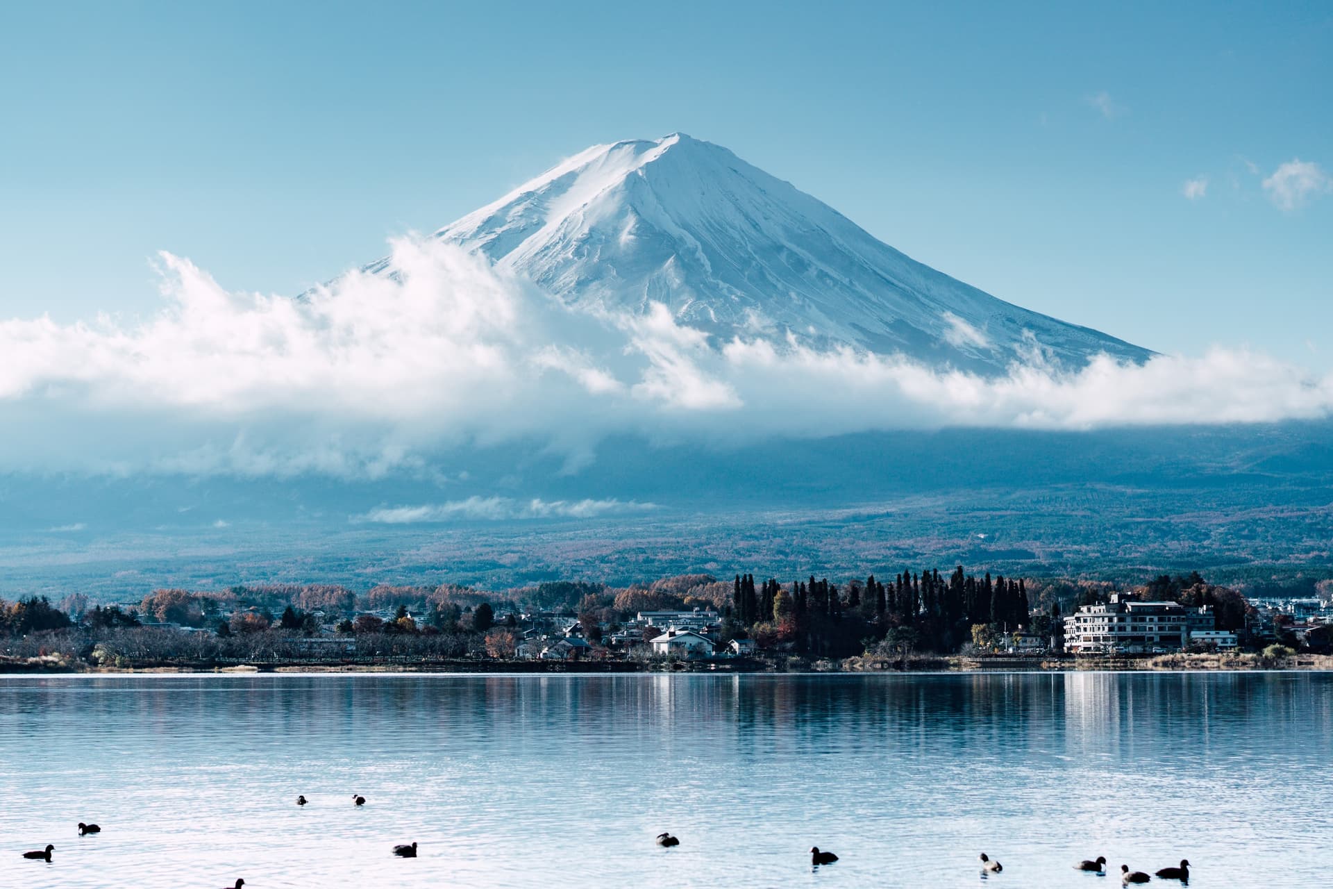 On the shores of Lake Kawaguchiko, Mt Fuji gazes down upon us